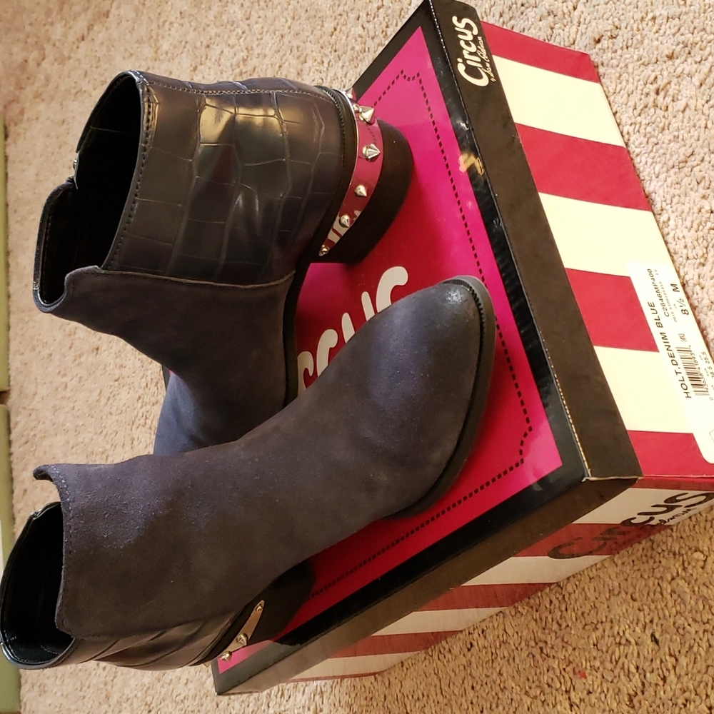 Denim blue heel spike booties sz 8.5